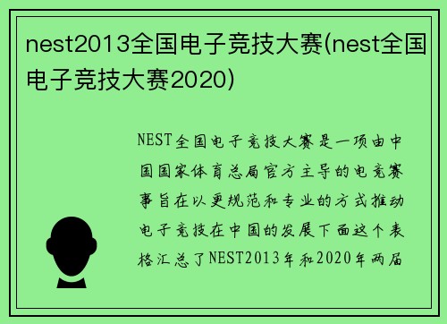 nest2013全国电子竞技大赛(nest全国电子竞技大赛2020)