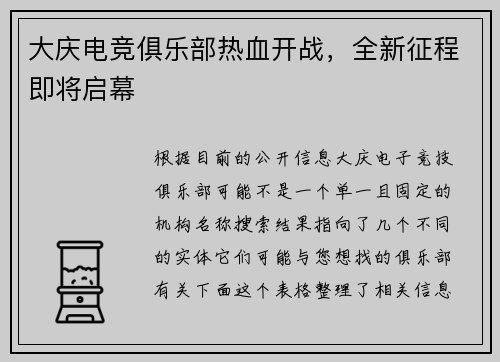 大庆电竞俱乐部热血开战，全新征程即将启幕